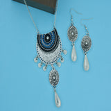 Drop Blue Black Beads Oxidised Brass Long Necklace Chain Earring Set