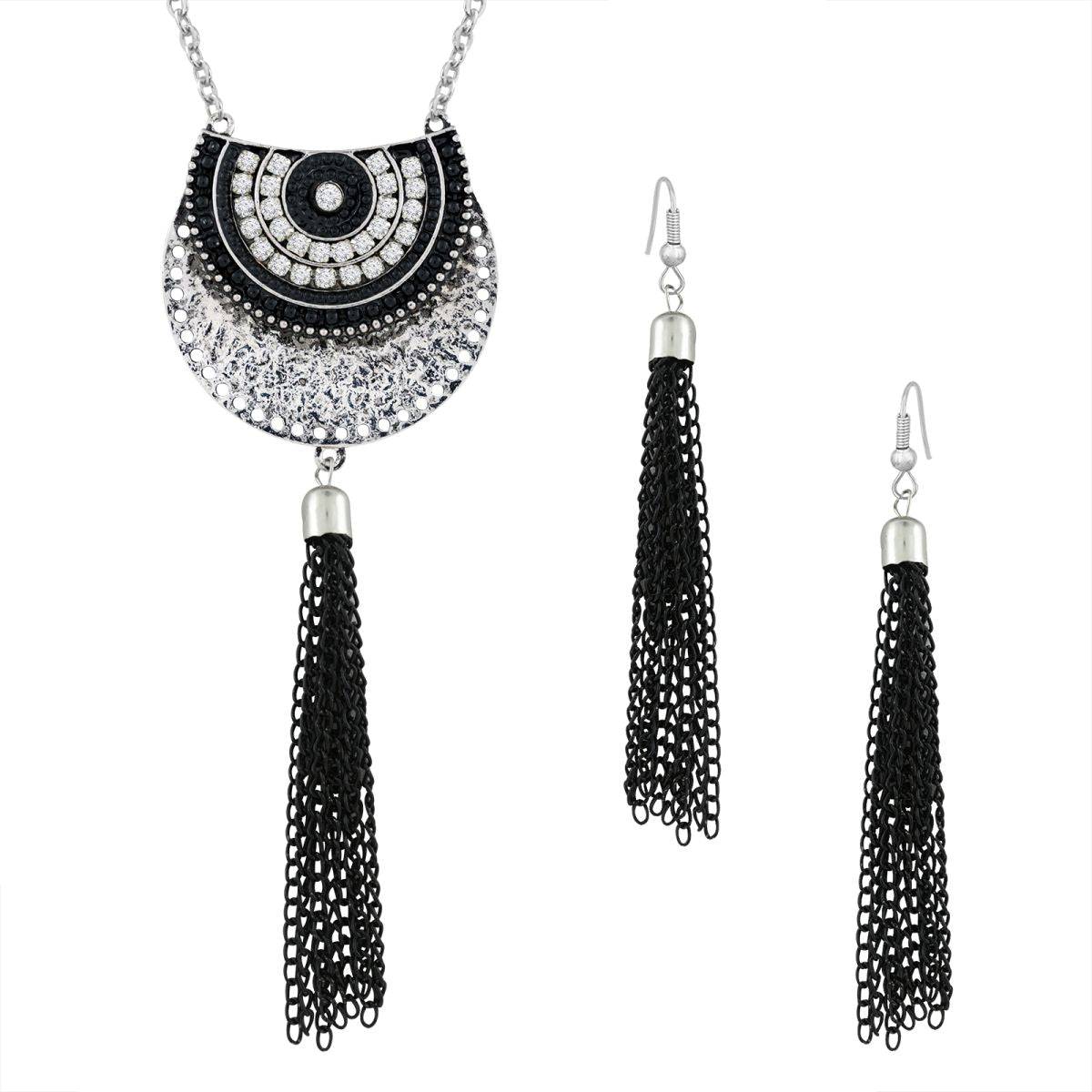 Tassel Curb Black American Diamond Beads Oxidised Necklace Earring Set