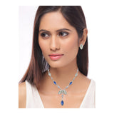 Leaf Dark Blue Silver Crystal American Diamond Necklace Earring