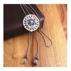 Flower Crystal Blue Western Dress Sweater Long Chain Necklace