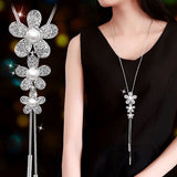 Flower Pearl Cz Silver Western Dress Wear Sweater Long Chain Necklace