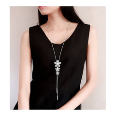 Flower Pearl Cz Silver Western Dress Wear Sweater Long Chain Necklace