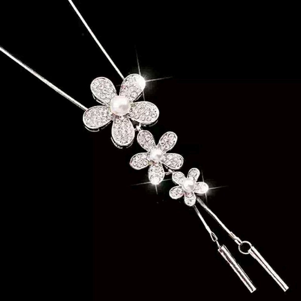Flower Pearl Cz Silver Western Dress Wear Sweater Long Chain Necklace
