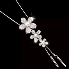 Flower Pearl Cz Silver Western Dress Wear Sweater Long Chain Necklace
