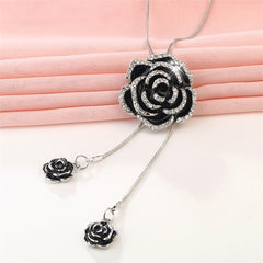 Rose Flower Enamel Black Silver Western Dress Party Sweater Necklace