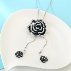 Rose Flower Enamel Black Silver Western Dress Party Sweater Necklace