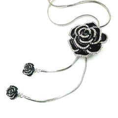 Rose Flower Enamel Black Silver Western Dress Party Sweater Necklace