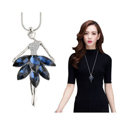 Dancing Doll Crystal Blue Silver Western Party Sweater Chain Necklace