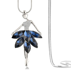 Dancing Doll Crystal Blue Silver Western Party Sweater Chain Necklace