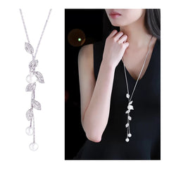 Leaf Plant Pearl Cz Silver Western Party Sweater Long Chain Necklace