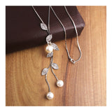 Leaf Plant Pearl Cz Silver Western Party Sweater Long Chain Necklace