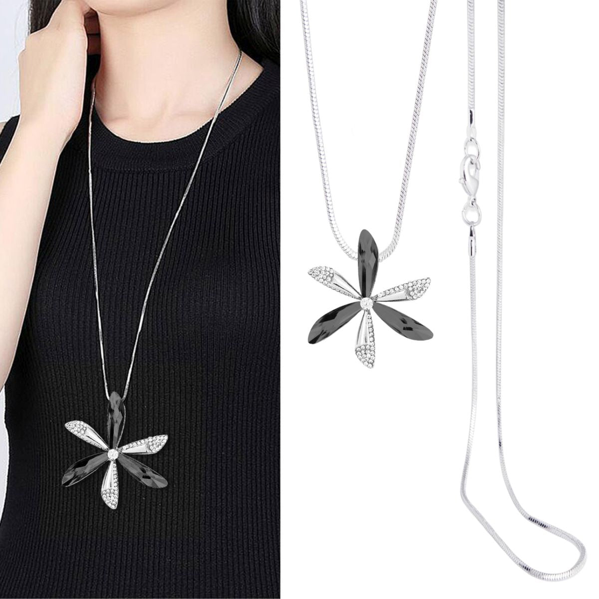 Wind Fan Crystal Black Western Party Wear Sweater Long Chain Necklace