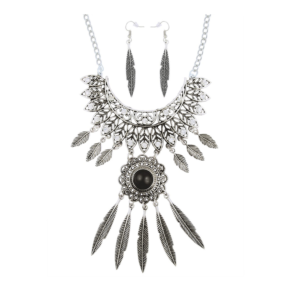 Oxidised Bohemian German Silver Diamond Crystal Necklace Earring Set