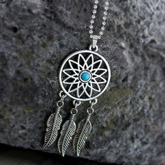 Dream Catcher Feather Oxidised Bohemian German Silver Pendant Chain