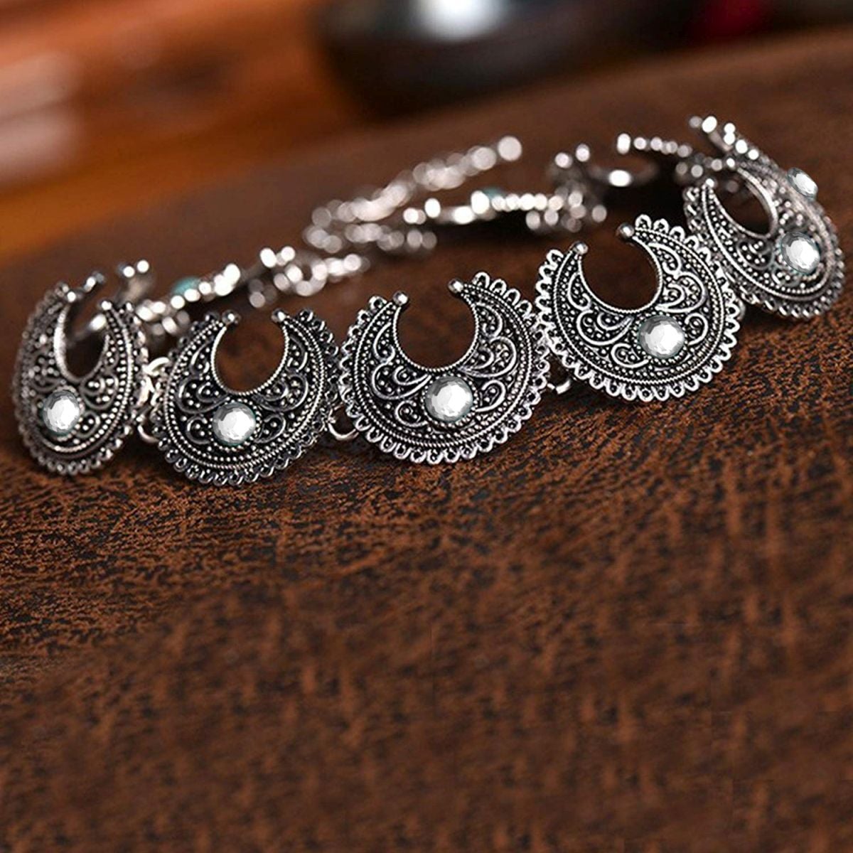 Chand Bali Oxidised Bohemian German Silver Diamond Coller Necklace