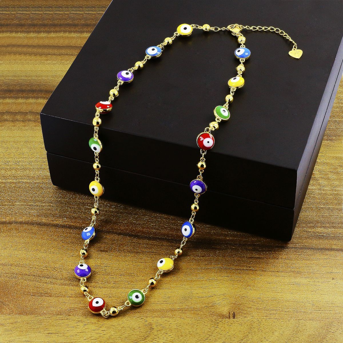 Turkish Multi Colour Evil Eye 18K Gold Enamel Beads Necklace Chain