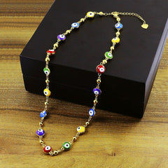 Turkish Multi Colour Evil Eye 18K Gold Enamel Beads Necklace Chain