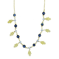 Turkish Blue Evil Eye Hamsa Good Luck 18K Gold Necklace Chain