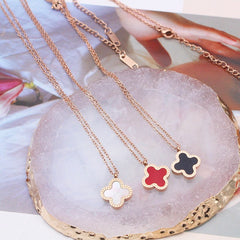 Clover Flower Black White Rose Gold Slim Stainless Steel Necklace Pendant Chain For Women