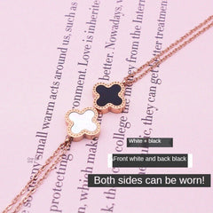Clover Flower Black White Rose Gold Slim Stainless Steel Necklace Pendant Chain For Women