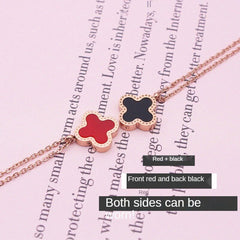 Clover Flower Black Red Rose Gold Slim Stainless Steel Necklace Pendant Chain For Women