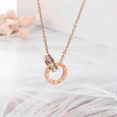 Roman Dual Ring Rose Gold Stainless Steel Necklace Pendant Chain For Women