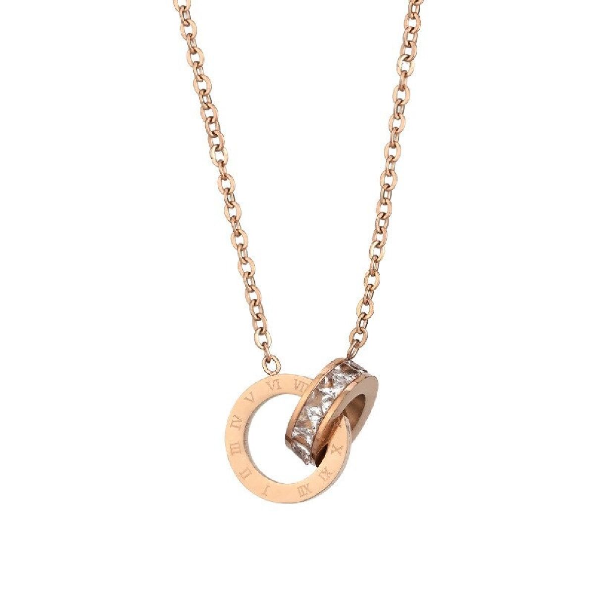 Roman Dual Ring Rose Gold Stainless Steel Necklace Pendant Chain For Women