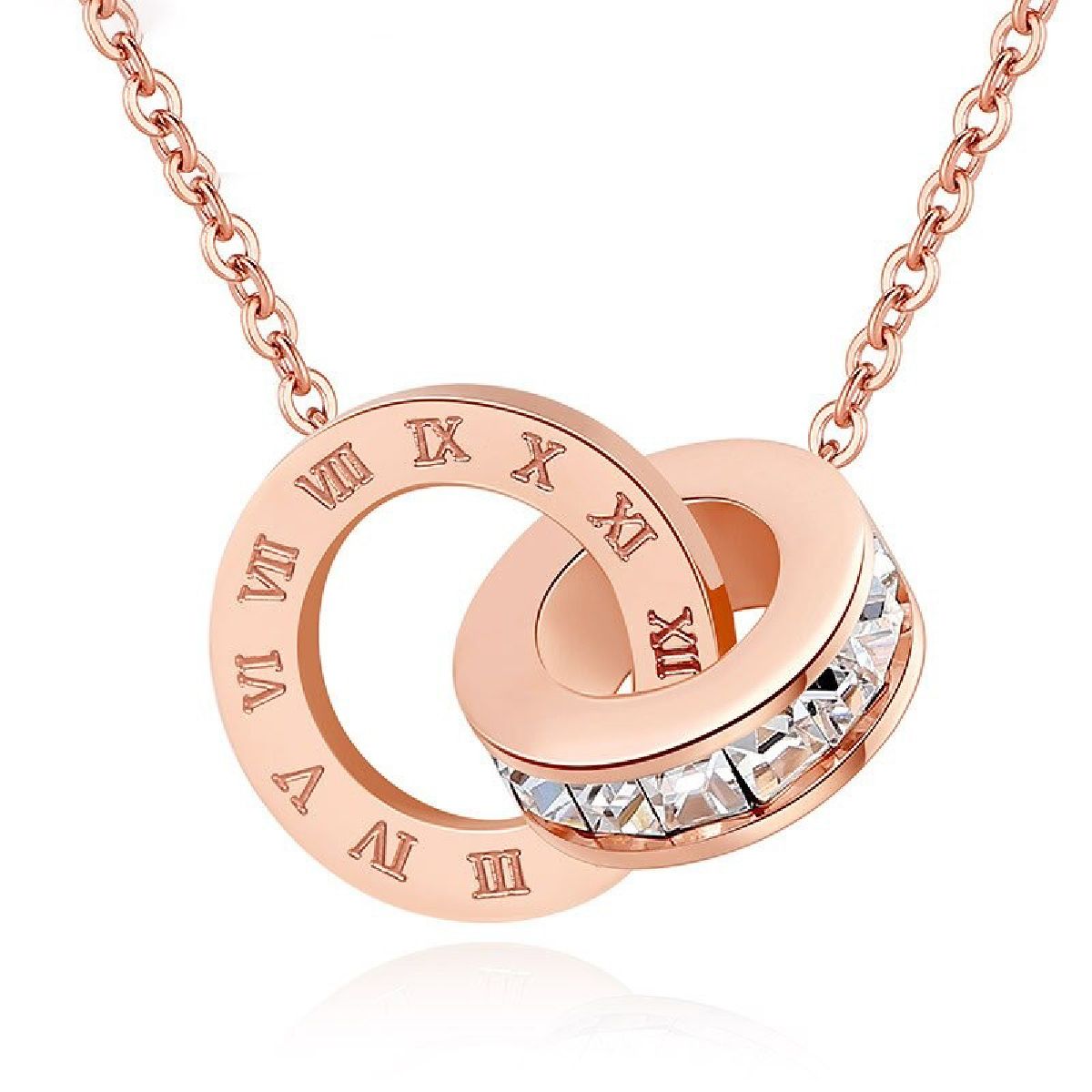 Roman Dual Ring Rose Gold Stainless Steel Necklace Pendant Chain For Women