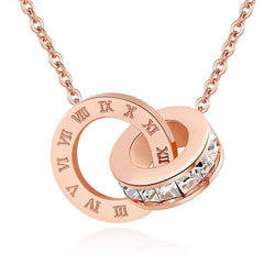 Roman Dual Ring Rose Gold Stainless Steel Necklace Pendant Chain For Women
