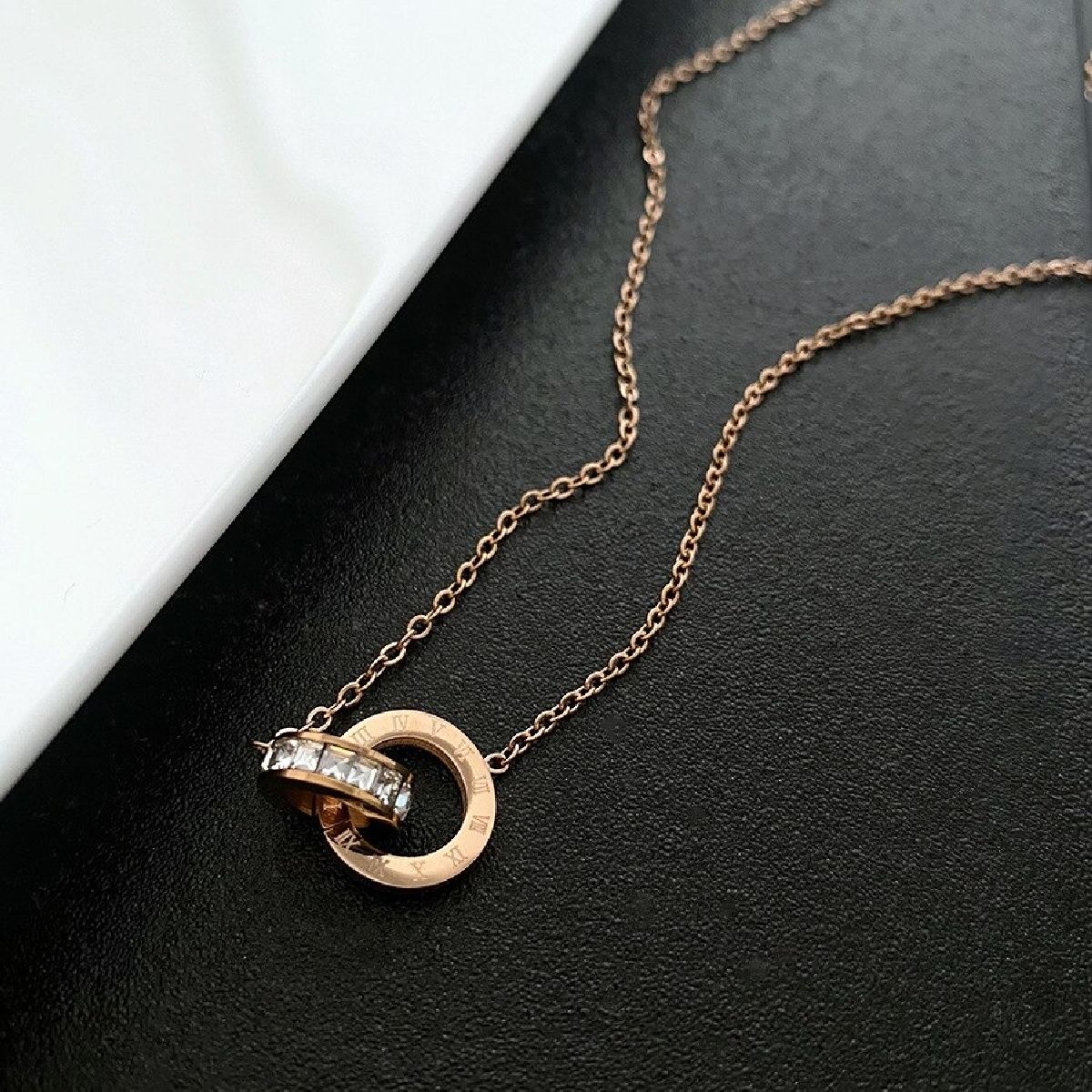 Roman Dual Ring Rose Gold Stainless Steel Necklace Pendant Chain For Women