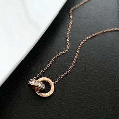 Roman Dual Ring Rose Gold Stainless Steel Necklace Pendant Chain For Women