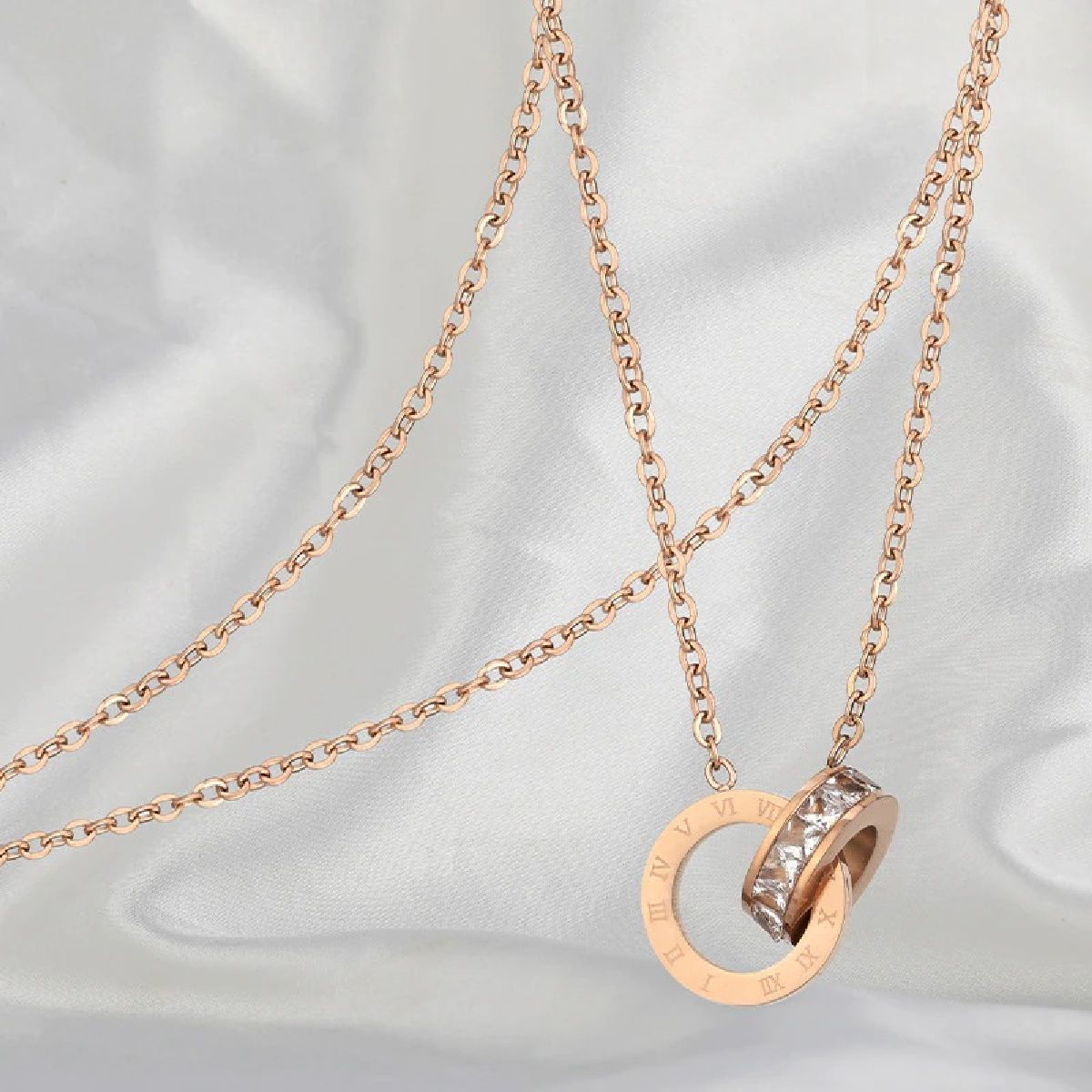 Roman Dual Ring Rose Gold Stainless Steel Necklace Pendant Chain For Women