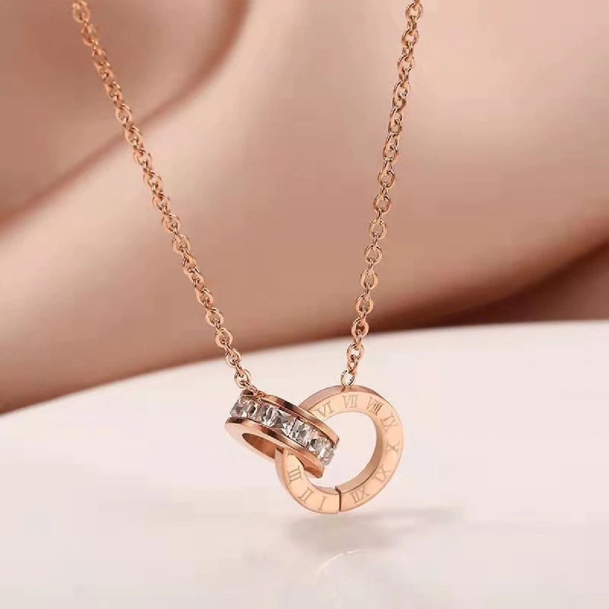Roman Dual Ring Rose Gold Stainless Steel Necklace Pendant Chain For Women