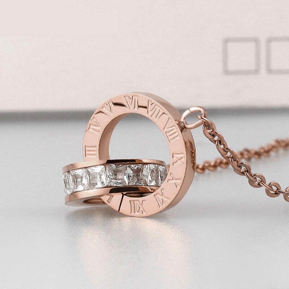 Roman Dual Ring Rose Gold Stainless Steel Necklace Pendant Chain For Women