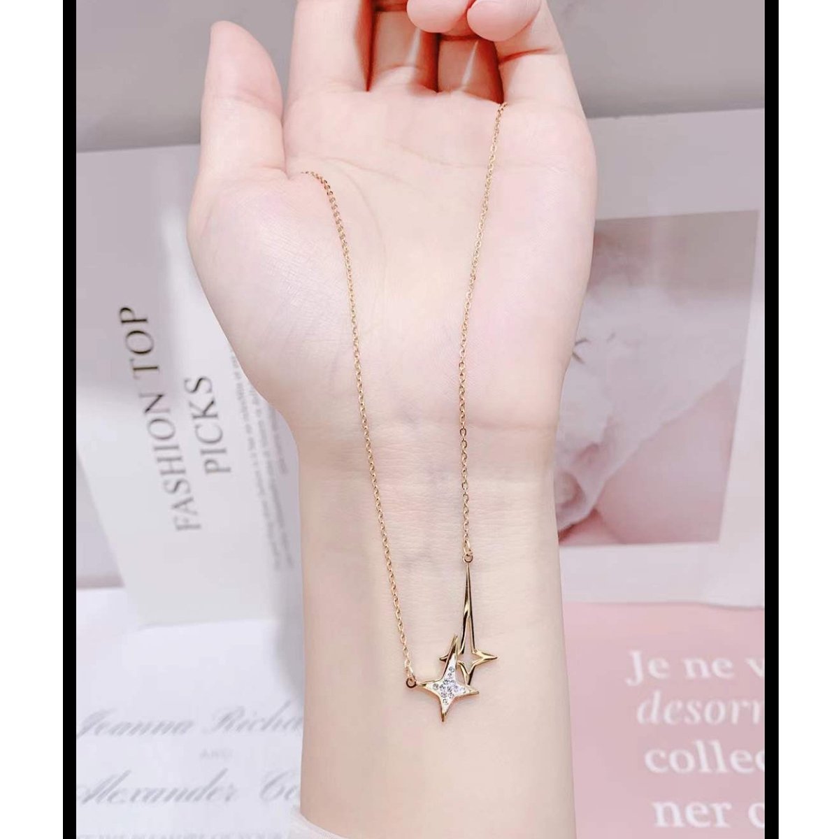 Star Dual Rose Gold American Diamonds Stainless Steel Necklace Pendant Chain For Women