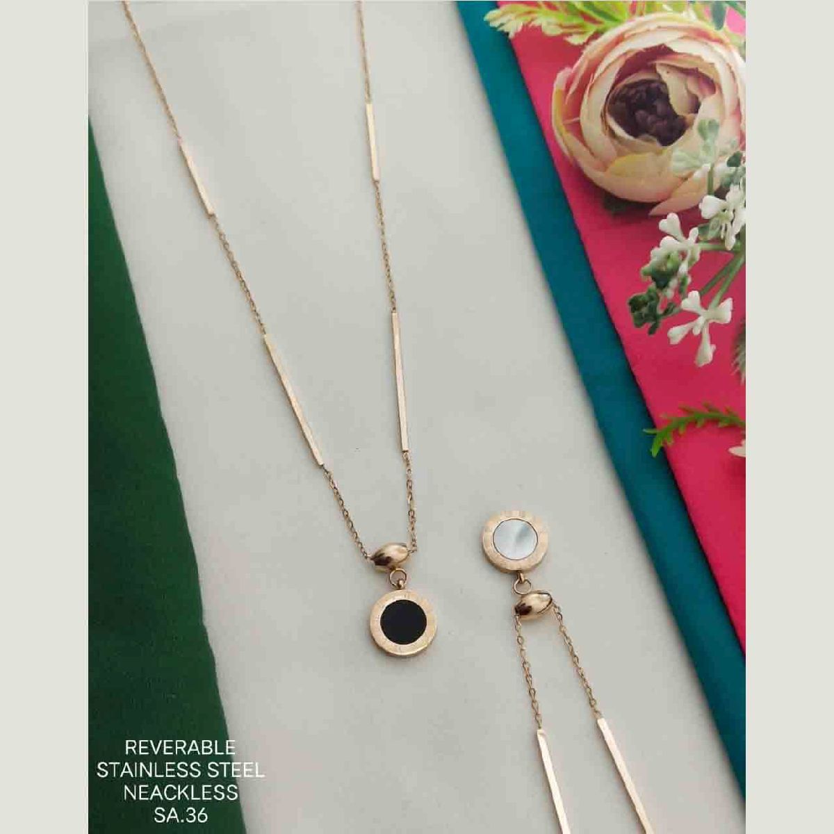 Romen Black White Rose Gold Stainless Steel Link Single Necklace Pendant Chain Women