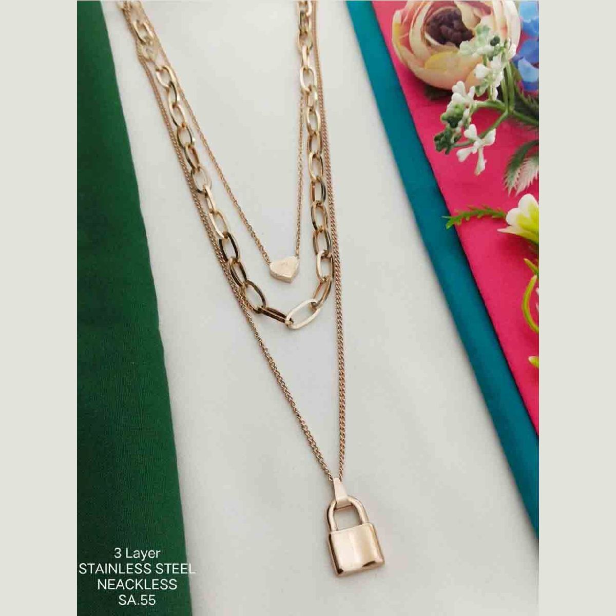 Lock Heart Rose Gold Stainless Steel Layer Necklace Pendant Chain Women