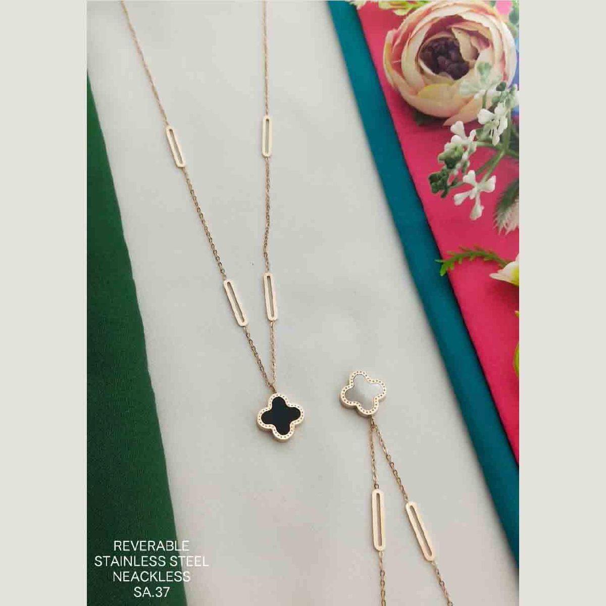 Clover Flower Dual Side Black White Rose Gold Stainless Steel Necklace Pendant Chain Women