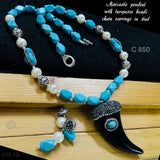 Curved Horn Bone Turquoise Bead Pearl Blue Necklace Earring Set Women