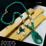 Drop Green Beads White Pearl Chain Mala Necklace Earring Set Women