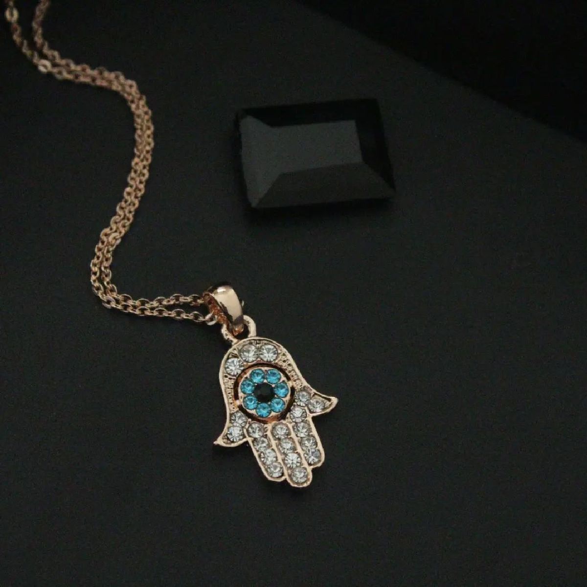 Copper Rose Gold Cubic Zirconia Hamsa Evil eye Pendant Chain For Women