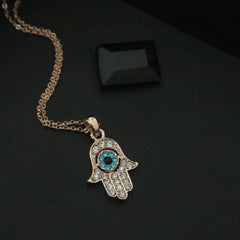 Copper Rose Gold Cubic Zirconia Hamsa Evil eye Pendant Chain For Women