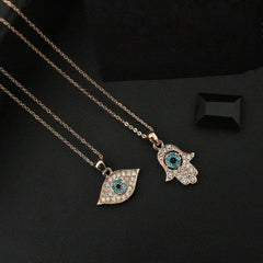 Copper Rose Gold Cubic Zirconia Hamsa Evil eye Pendant Chain For Women