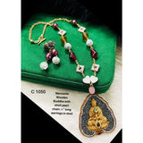 Copper Gold Purple Shell Pearl Wooden Buddha Necklace Earring Set Women