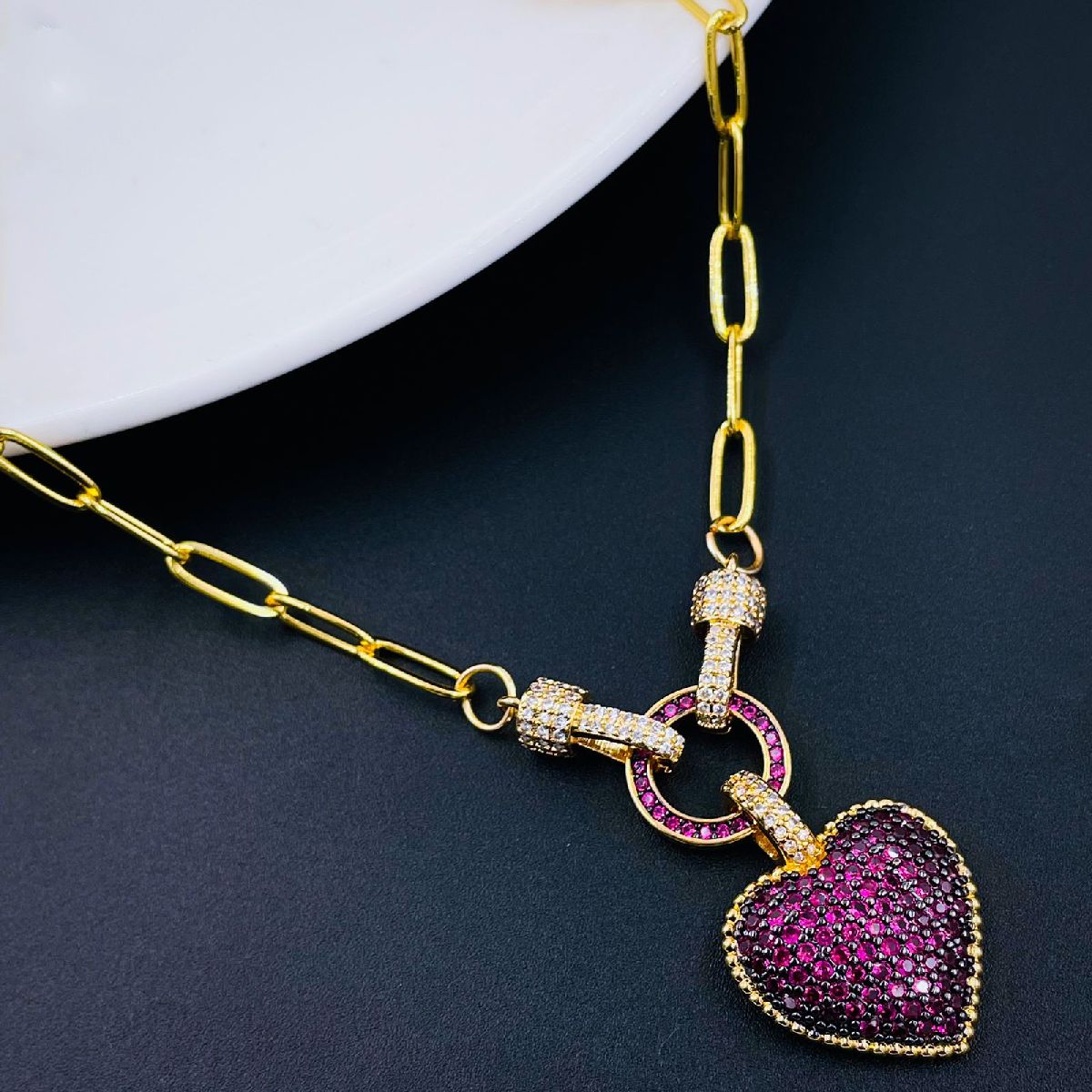 Love Heart Cubic Zirconia 18K Gold Copper Links Chain Necklace