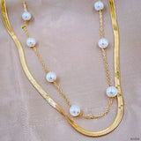 Dual Layer Pearl 18K Gold Stainless Steel Snake Necklace Chain Women