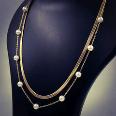 Dual Layer Pearl 18K Gold Stainless Steel Snake Necklace Chain Women
