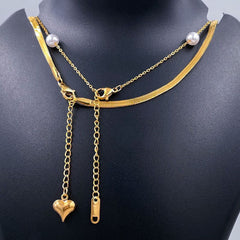 Dual Layer Pearl 18K Gold Stainless Steel Snake Necklace Chain Women