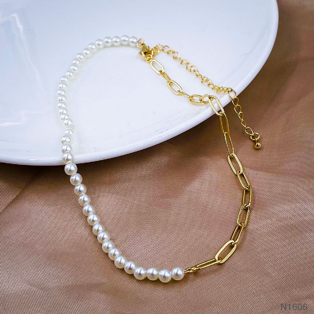 Pearl Paper Clip Links 18K Gold Copper Necklace Chain For Women