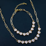 Bezel Set Heart Love Cubic Zirconia 18K Gold Necklace Bracelet Combo Set for Women